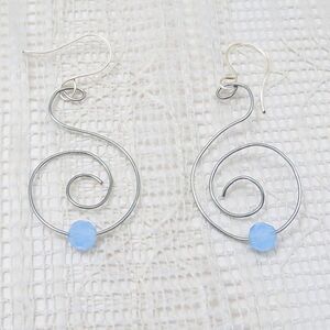 Silver Dangle Spiral Earrings with Blue Stone Handmade Lightweight Drop Earrings